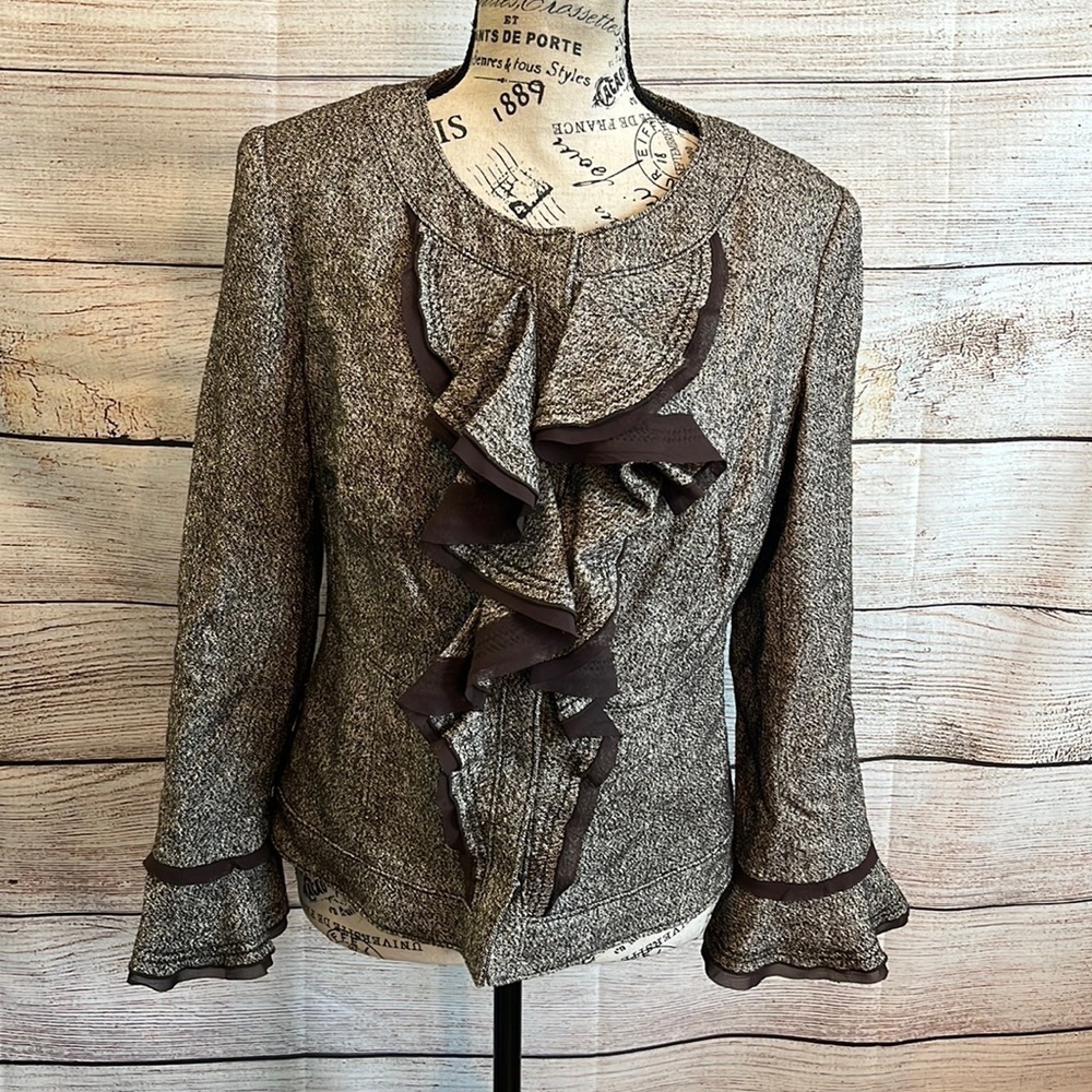 Philippe Aden Adec 2 Blazer Wool Silk Ruffle Front Size 8 Snap Closure France